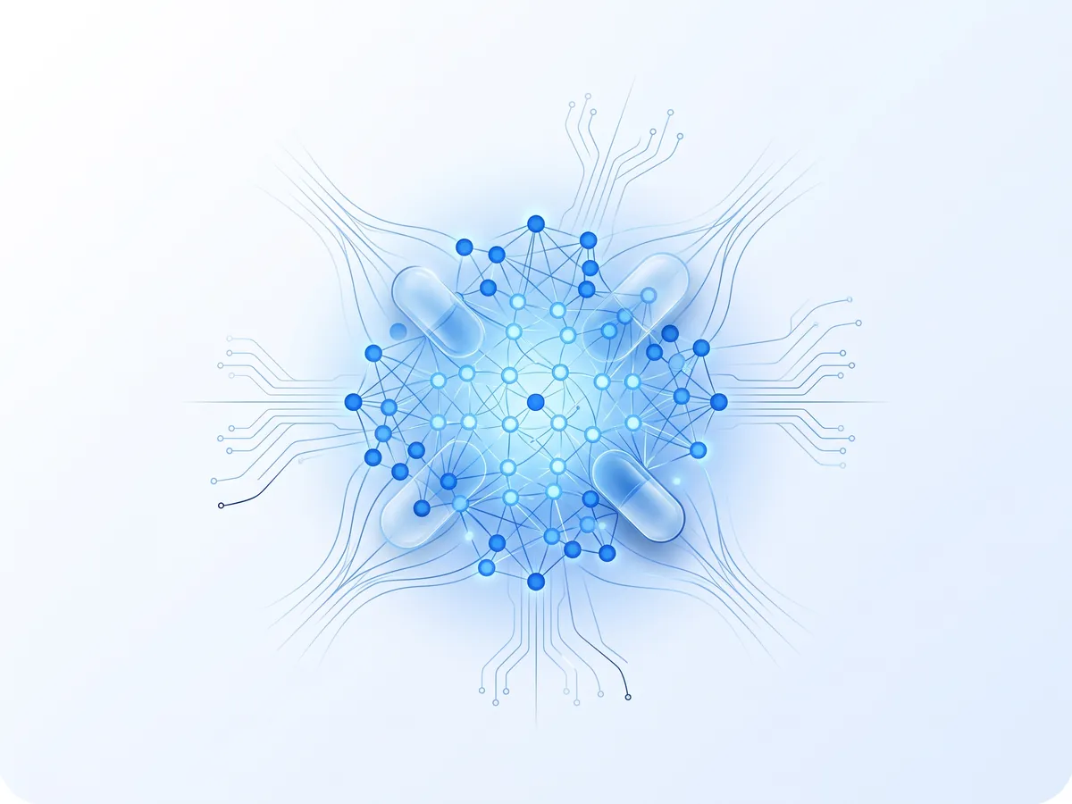 Abstract representation of KVION's AI compliance suite — neural network motifs over a soft azure gradient