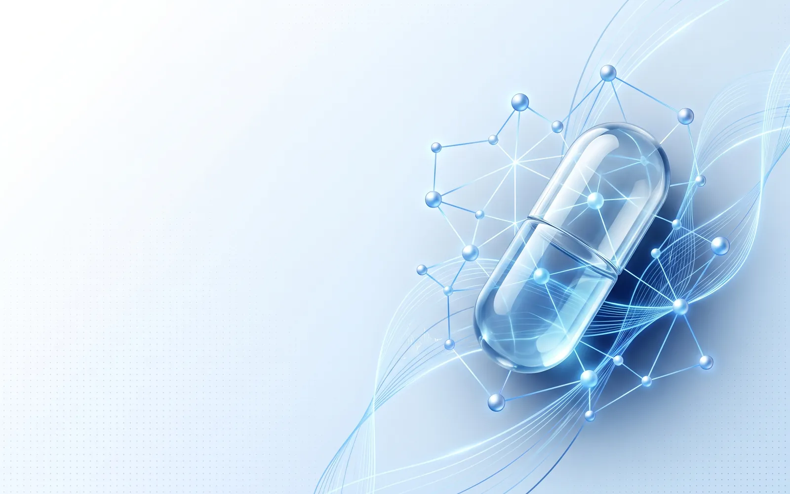 Abstract pharmaceutical-technology visualization — capsule and molecular network with soft data streams