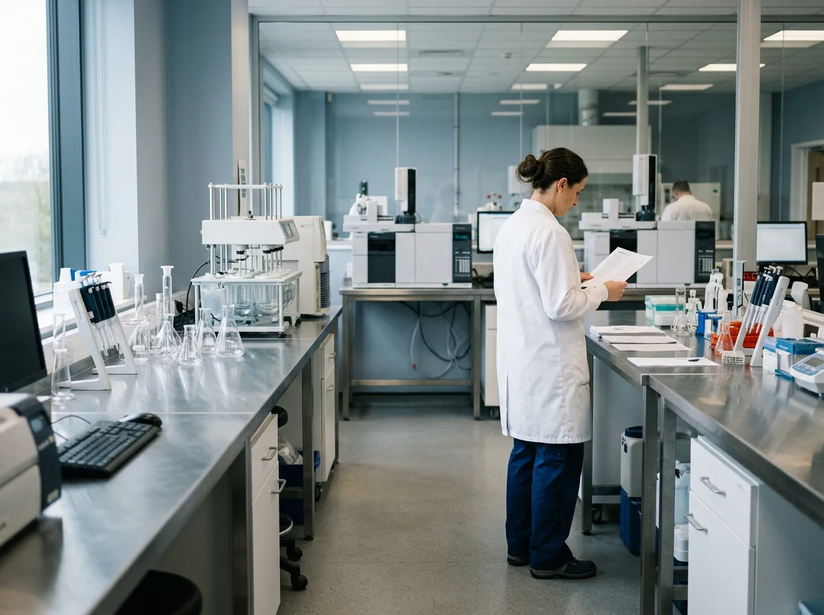 A quality professional in a lab coat reviewing documentation in a modern pharmaceutical quality-control laboratory