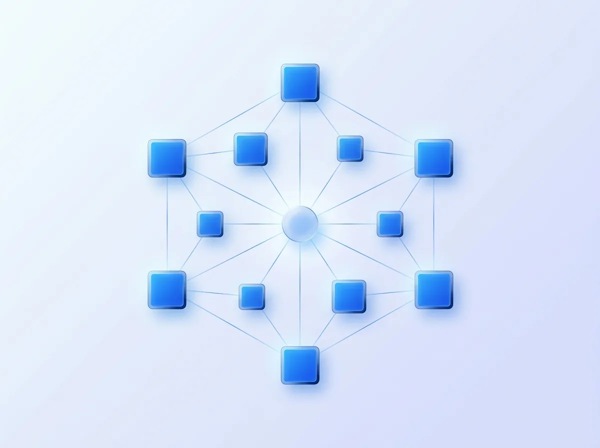 Abstract illustration of nine glowing panel nodes connected in a constellation around a central hub, symbolizing KVION's full interconnected compliance service system