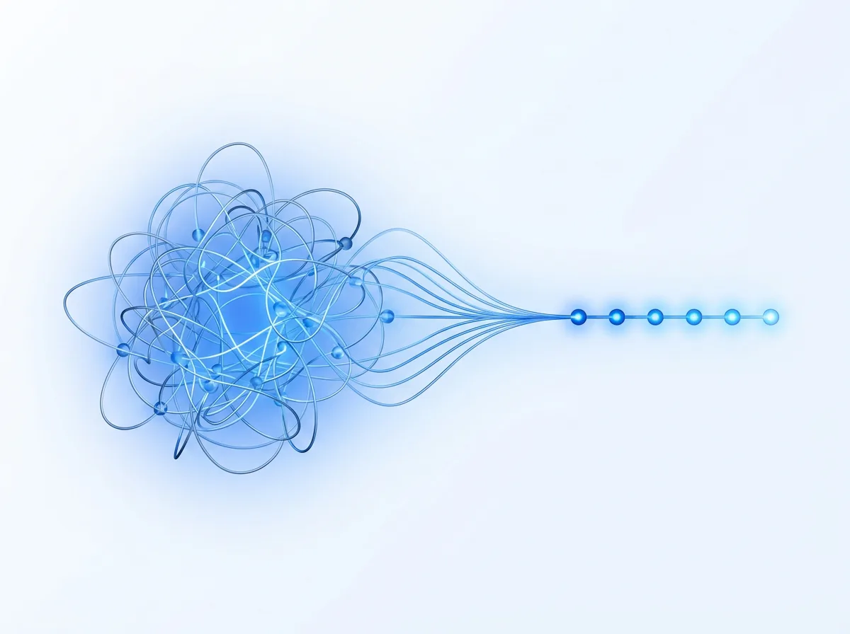 Abstract illustration of a tangled cluster of light resolving into an ordered row of glowing nodes, symbolizing a complex industry challenge resolved into a clear solution