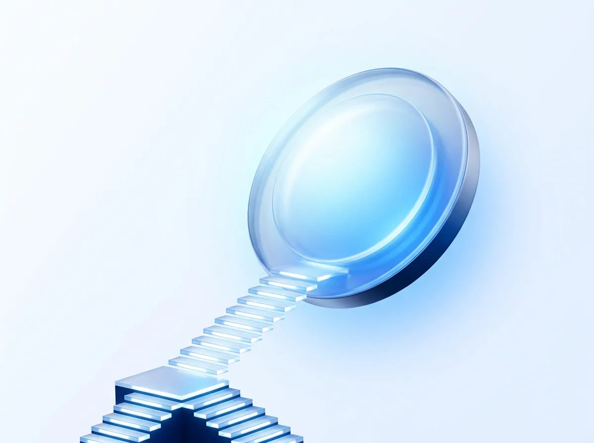 Abstract illustration of an ascending staircase of light panels leading to a glowing medallion, symbolizing a structured path to professional certification