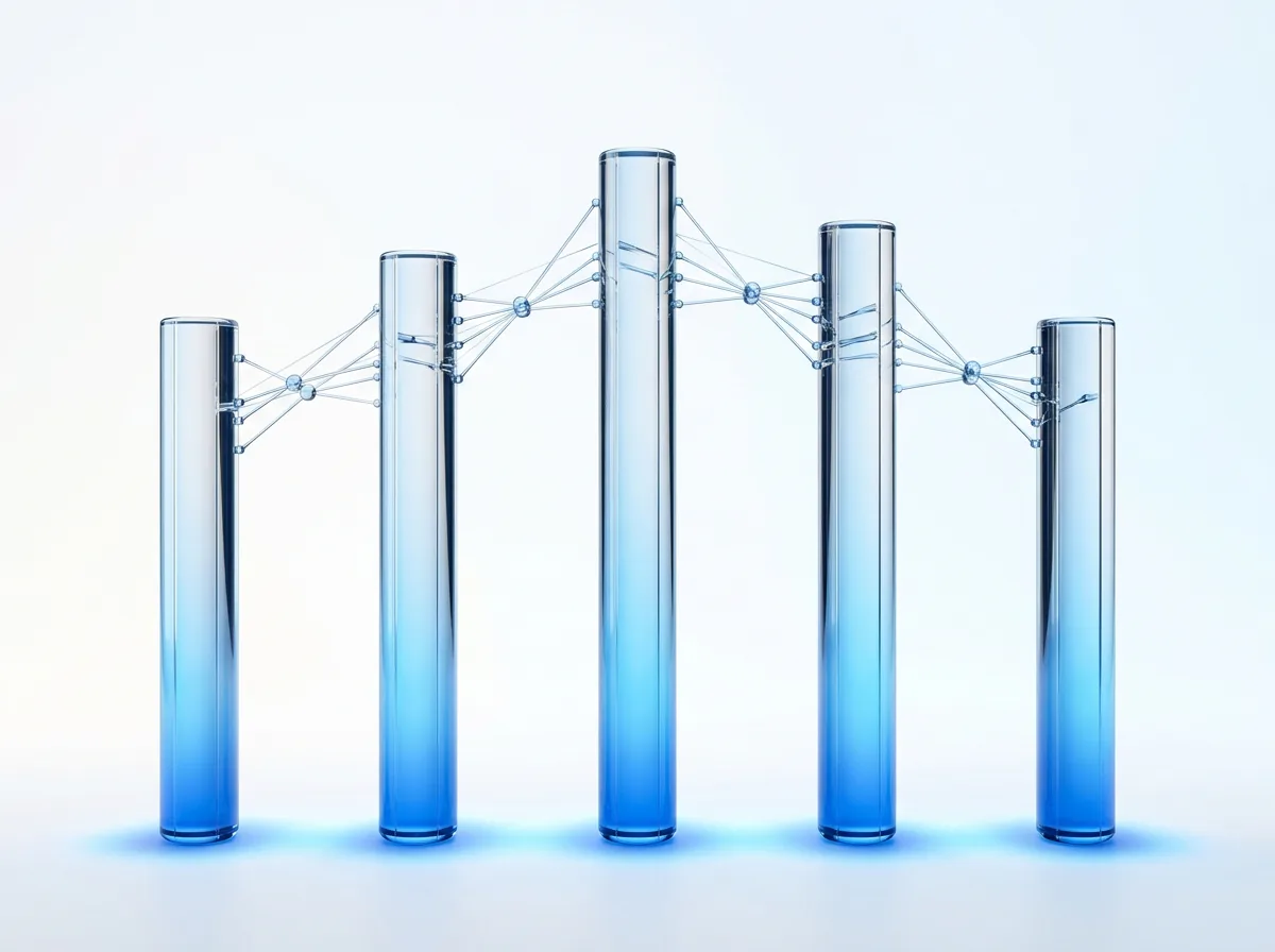 Abstract illustration of glowing translucent pillar shapes connected by light threads, symbolizing foundational company values