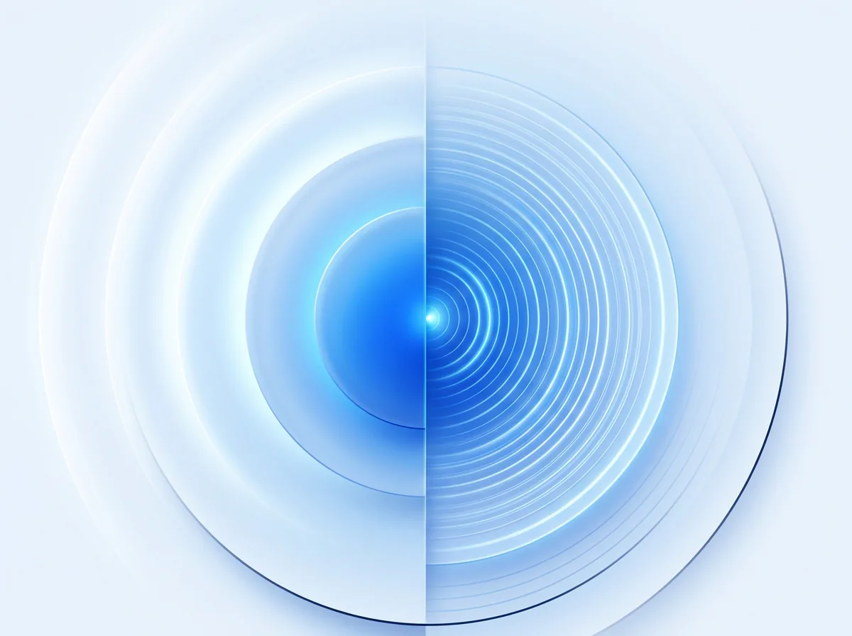 Abstract illustration split between wide radiating light arcs and converging concentric rings, symbolizing expansive vision paired with precise mission