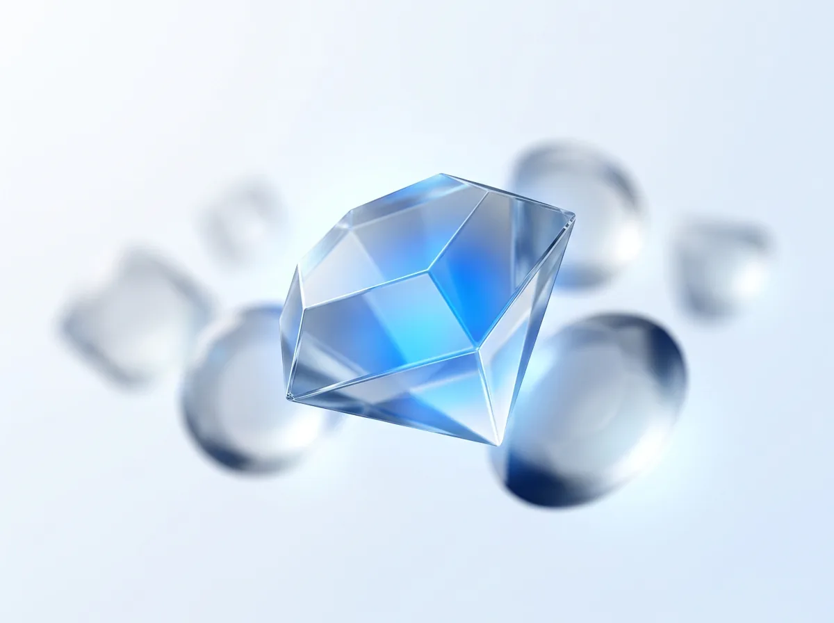 Abstract illustration of one precisely faceted glowing glass form standing apart from softer shapes, symbolizing KVION's differentiated, trustworthy approach