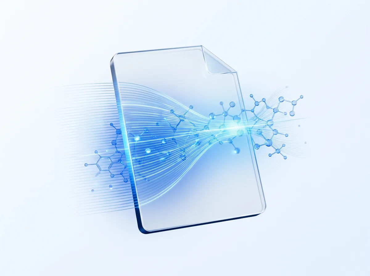 Abstract illustration of a glowing document panel being scanned by a network of light, symbolizing AI-driven compliance analysis