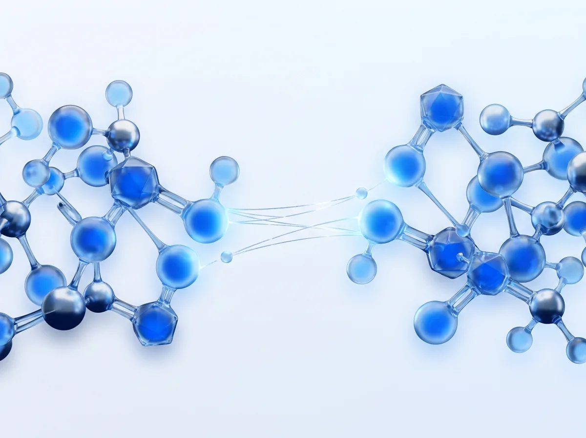 Abstract illustration of two glowing node clusters bridged by threads of light across a gap, symbolizing compliance gap assessment and closure
