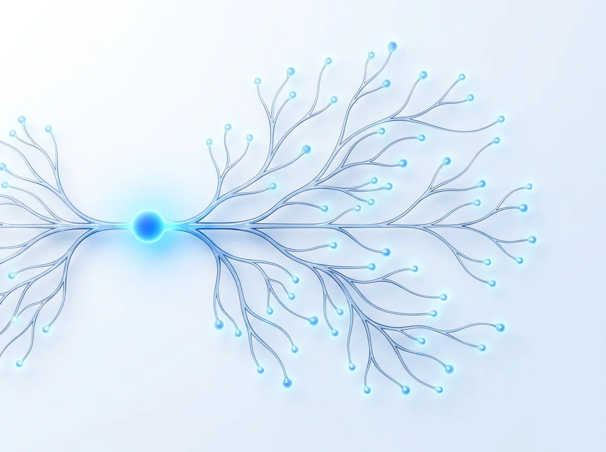 Abstract illustration of a glowing origin point branching into a root-like network, symbolizing root-cause quality and risk investigation