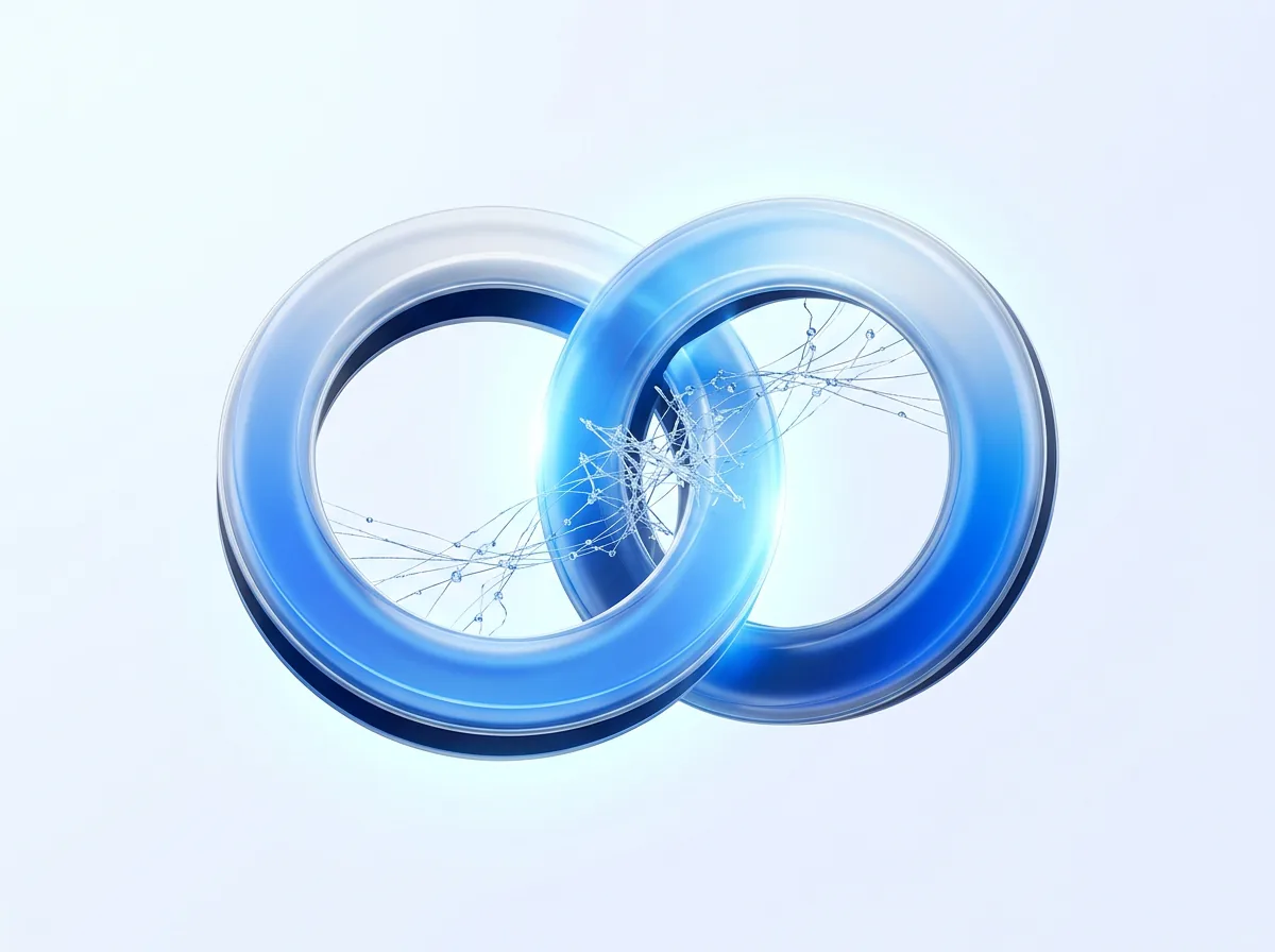Abstract illustration of two overlapping glowing rings bridged by light threads, symbolizing an ongoing managed compliance partnership