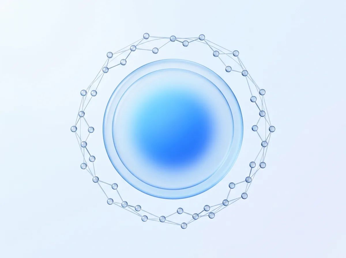 Abstract illustration of a glowing glass medallion orbited by a network of light, symbolizing training achievement and certification