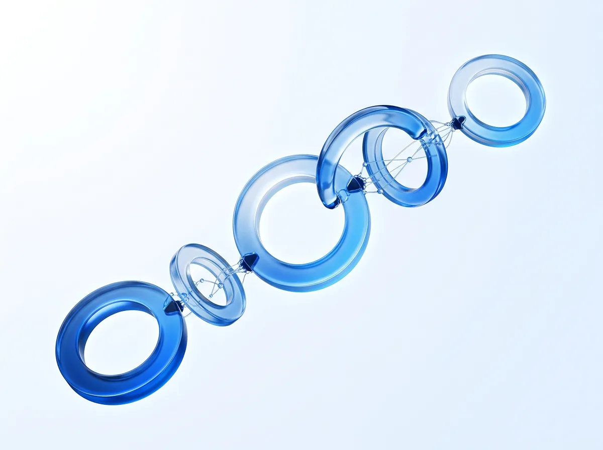 Abstract illustration of glowing connected ring shapes forming a chain, symbolizing a qualified and reliable vendor supply chain